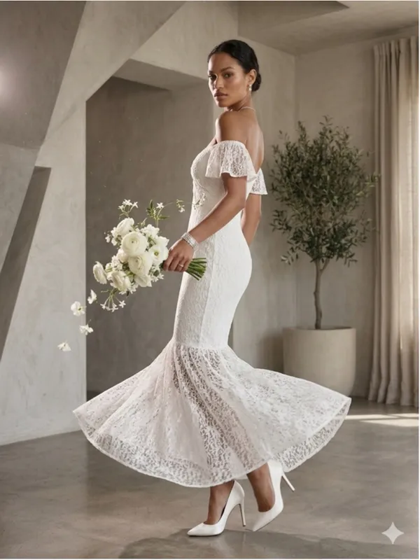 White Lace Mermaid Wedding Dress Off Shoulder Prom Bridal Gown Minimalist Size M - Image 2