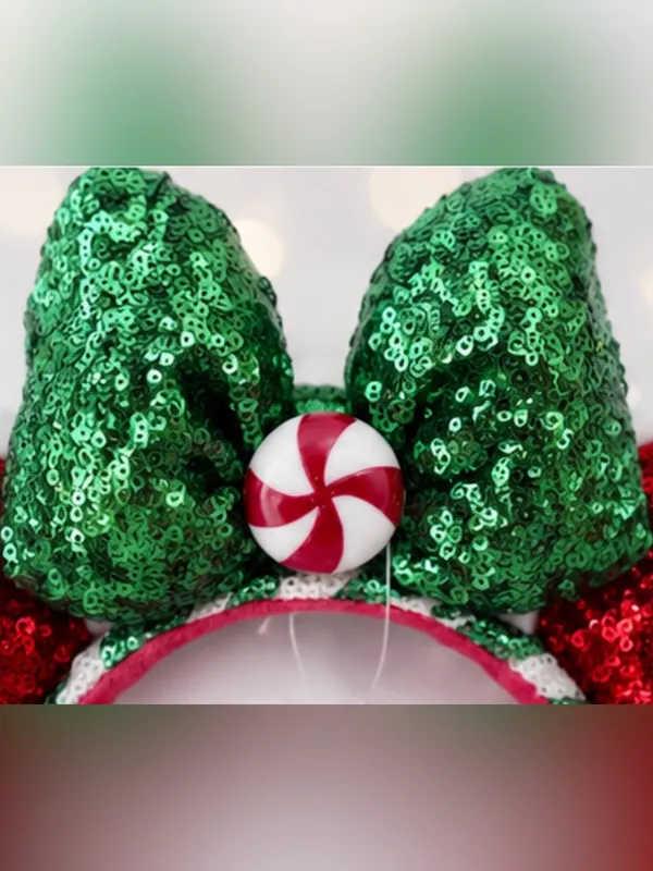 Disney Minnie Mouse ear Christmas headband -red sequin ears + green sequin bow - Image 3
