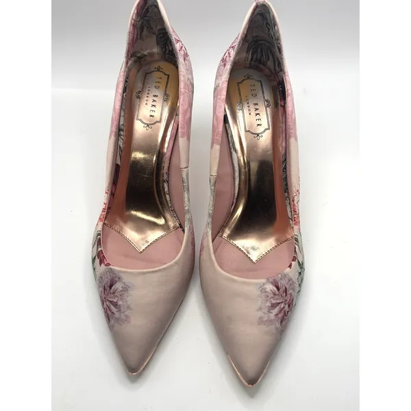 Ted Baker London Pink Floral Satin Pointed Toe Pumps Rose Gold Accents Size 41 - Image 3