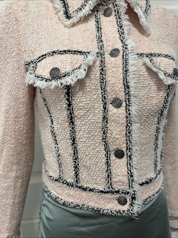Veronica Beard Cotton Blend Pale Pink Tweed Fringed Blazer with Gray Trim S XS - Image 5