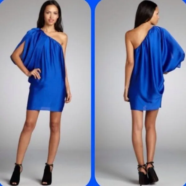 Aidan Mattox Blue One Shoulder Drape Dress - Image 2