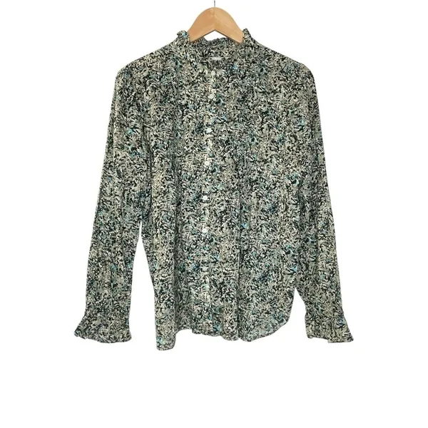 LOFT Pintucked Ruffle Mock Neck Floral Blouse Medium Black Green Cotton Boho Top - Image 3
