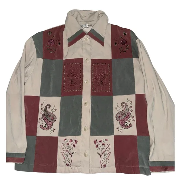 G.W. Petite Division of Graff Vintage Patchwork Embroidered Button Up Jacket Tan - Image 2