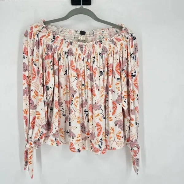 Free People Lexington Off Shoulder Floral Boho Blouse Small‎ Tie Cuff Ivory - Image 2