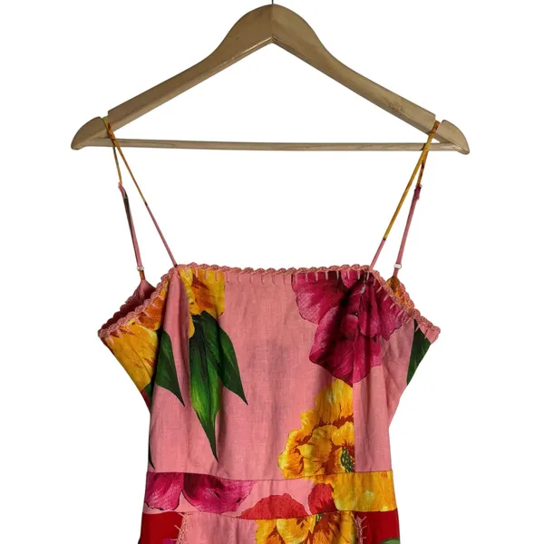 Farm Rio Chita Pink Floral Print Square Neck Tie Back Linen Midi Dress Size XS - Image 5