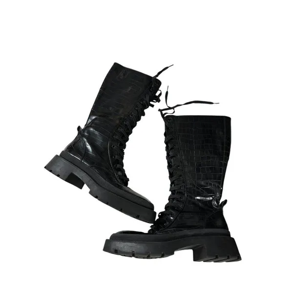 Zara Black Croc-Embossed Lace-Up Combat Boots Size 36 - Image 10