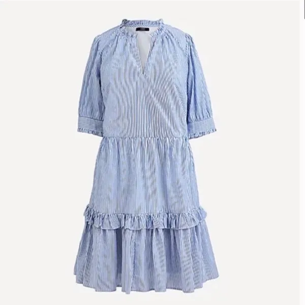J.Crew Ruffleneck Tiered Popover Dress in Stripe Blue White Small - Image 2