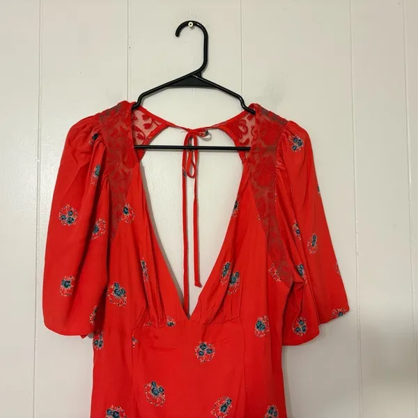 Free People Mockingbird Floral Mini Dress Coral Red Open Back Boho Size 4 - Image 3