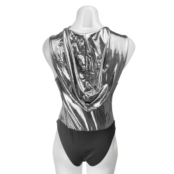 Women's Silver Gray Metallic Sleeveless Hooded Hoodie Bodysuit Tank Top Size S - Image 2