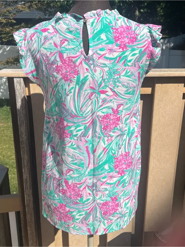 Emily Wonder Women’s Floral Embroidered Ruffled Top Size S Preppy Coastal Palm - Image 5