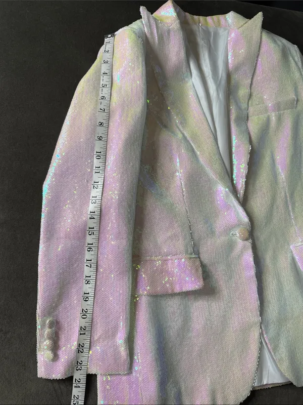 Women’s Iridescent White Sequin Shorts Suit Set Party Festival Size L NWT - Image 9