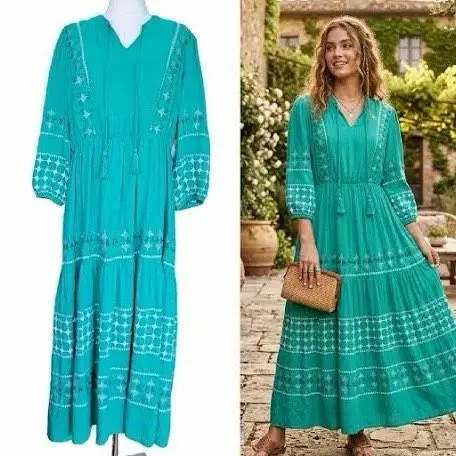 ✨Nurture Embroidered Pintuck Boho Green & White Maxi Sz Large Dress✨ - Image 2