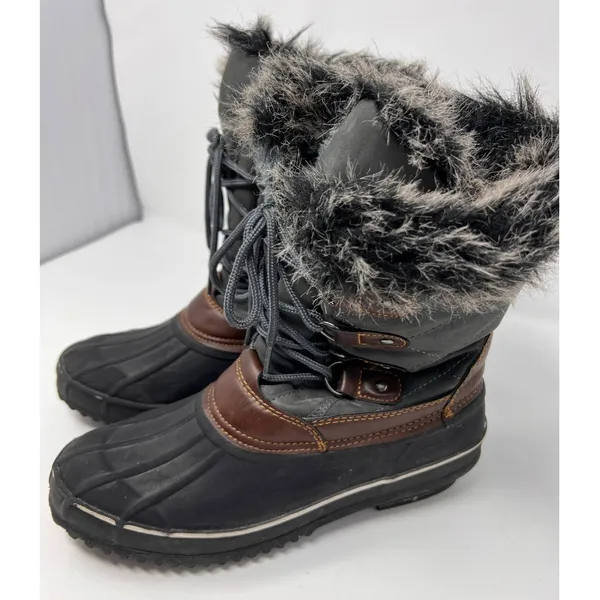 Itasca Rubber Duck Boots Women's Black Gray‎ Brown Fur Inside Lace Up Size 8 - Image 2