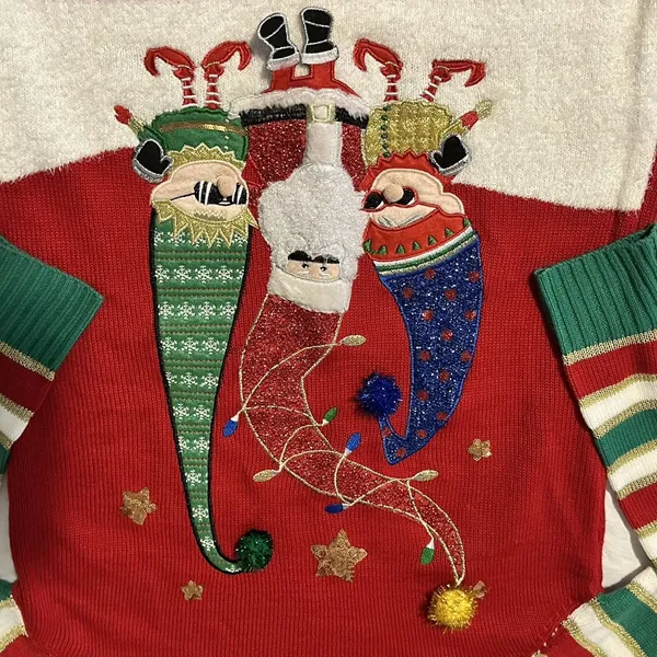Womens Red Sequin Elf Long Tunic Style Christmas Holiday Sweater Sz Large - Image 2