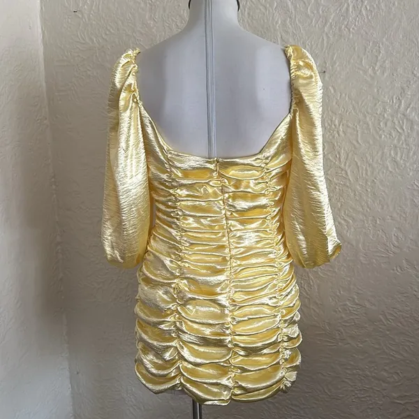 Lucy in the Sky Yellow Satin Ruched Puff Sleeve Mini Dress Belle of the Ball L - Image 7