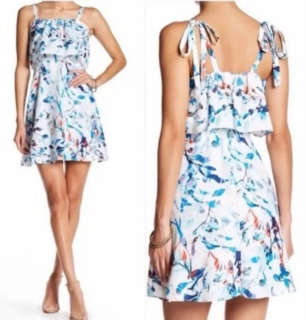 Parker L Nia Dress Blue Multi Flower Pattern Ruffled Front Mini Dress - Image 2
