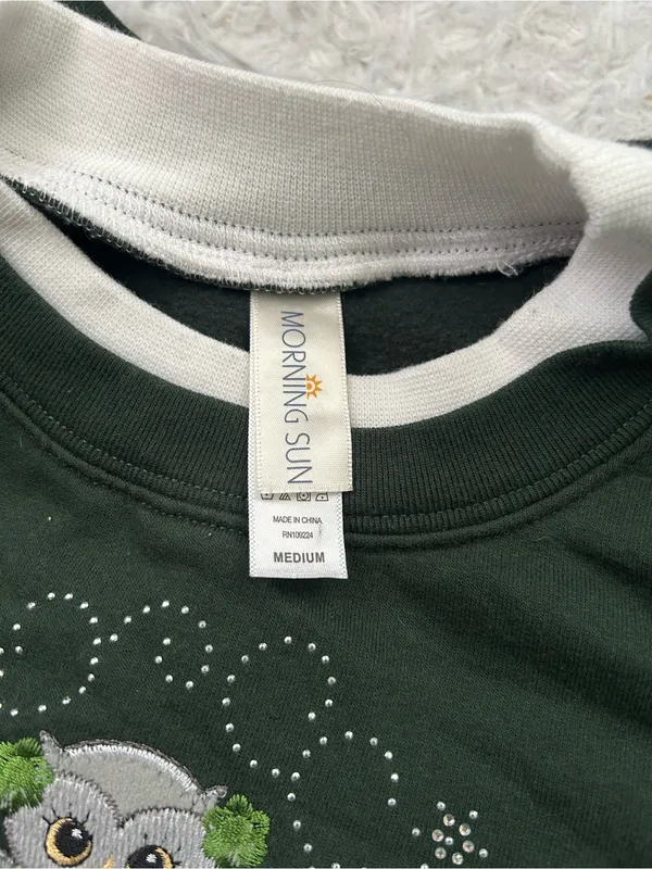Morning Sun green crewneck sweatshirt winter embroidered owl shirt woman’s M - Image 5