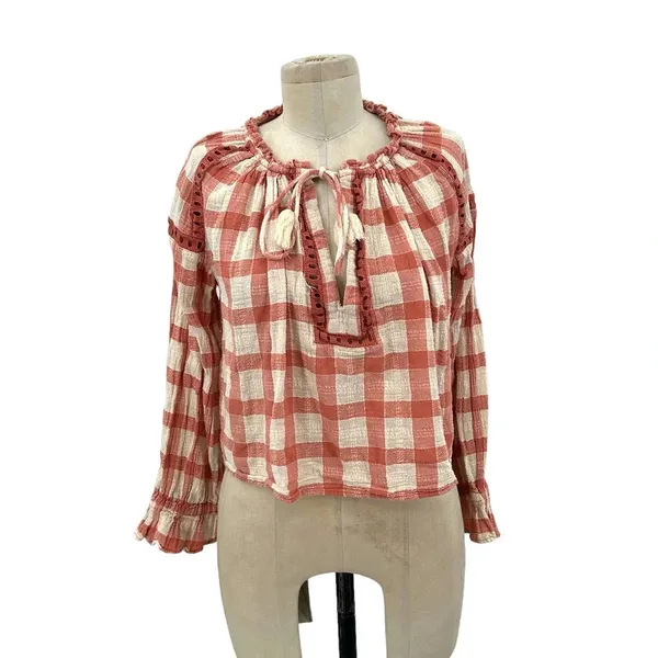 Free People Honey‎ Grove Top Pink Cream Plaid Check Size XS - Image 3