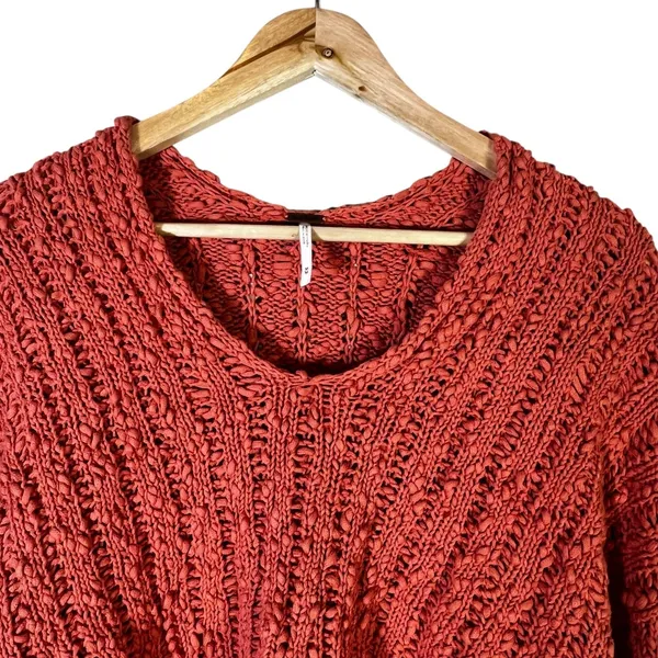 Free People High Low Open Knit V-Neck Sweater Rust Orange Boho Cropped Size M - Image 3