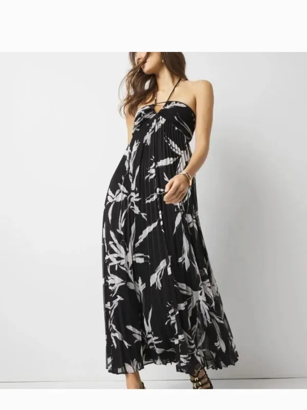 NWT White House Black Market halter Neck Pleated Maxi Dress Black White 4 - Image 4