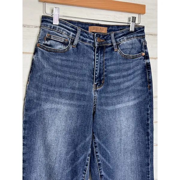 Judy Blue Wide Leg Crop Raw Hem Jeans Dark Blue High Rise Stretch Size 3/26 - Image 9