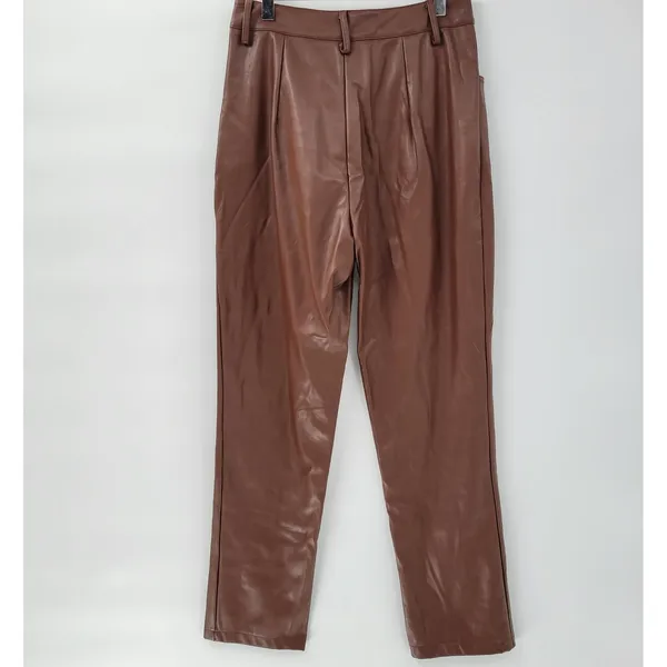 Faux Leather Pants Medium Brown High Waist Straight Leg Zip Casual Chic Club - Image 4