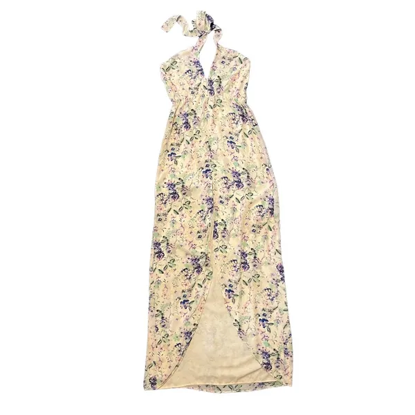 $320 Helena Quinn M Maxi Dress Mariella Slit Long Ivory Halter Floral Sundress - Image 3