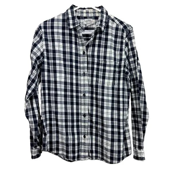 LL Bean Black/White Scotch Plaid Cotton Flannel Button Shirt Relaxed Fit MEDIUM - Image 3