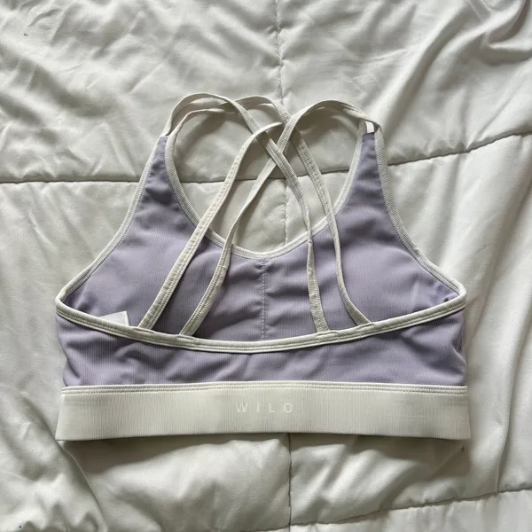 Wilo The Label Ribbed Strappy Sports Bra Lilac Purple Cream Large Quiet Luxury - Image 4