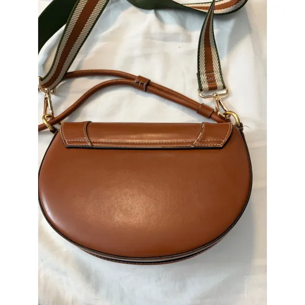 Saddle Bag Crossbody Cognac‎ Brown Striped Webbing Strap Boho Chic Handbag - Image 7