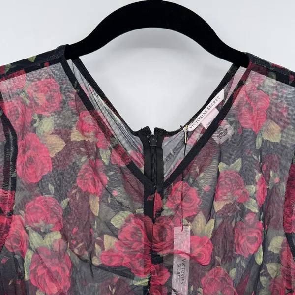 Victoria’s Secret Floral Mesh Ruched Long Sleeve Bodysuit Roses Sheer Gothic XL - Image 3