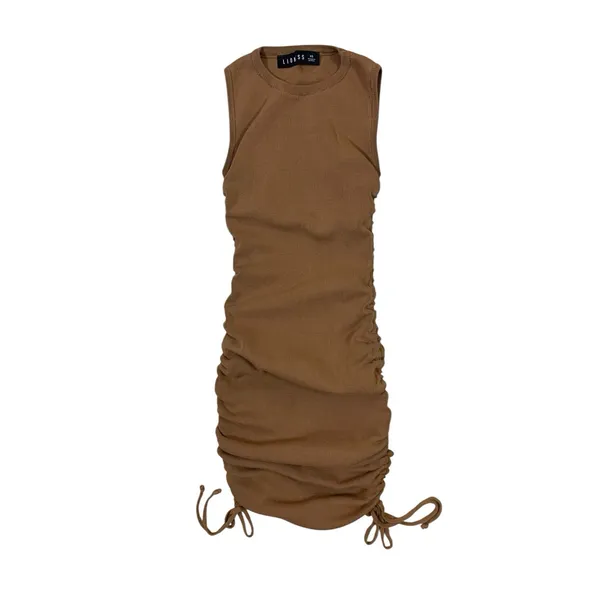 Lioness XS Brown Ruched Bodycon Mini Dress Drawstring Y2K Ribbed Knit Sleeveless - Image 2