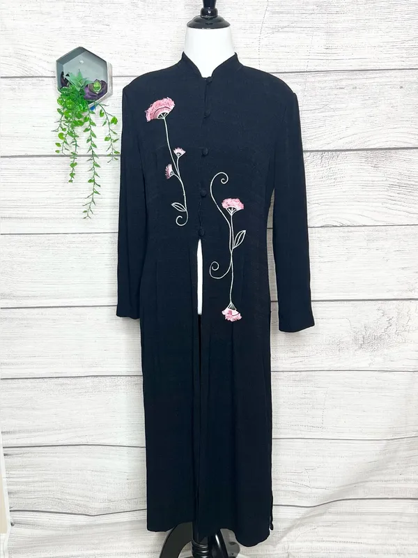 Vintage Black & Pink Floral Embroidered Long Sleeve Dressy Duster Blouse Size 8 - Image 6