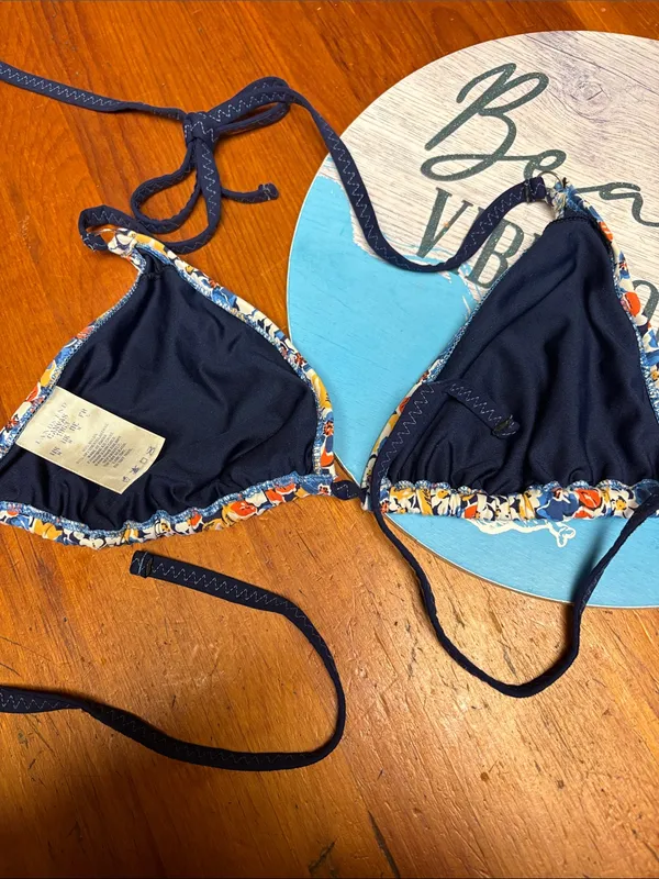Lands' End Navy Floral Triangle Bikini Top with Yellow & Orange Accents - Image 2