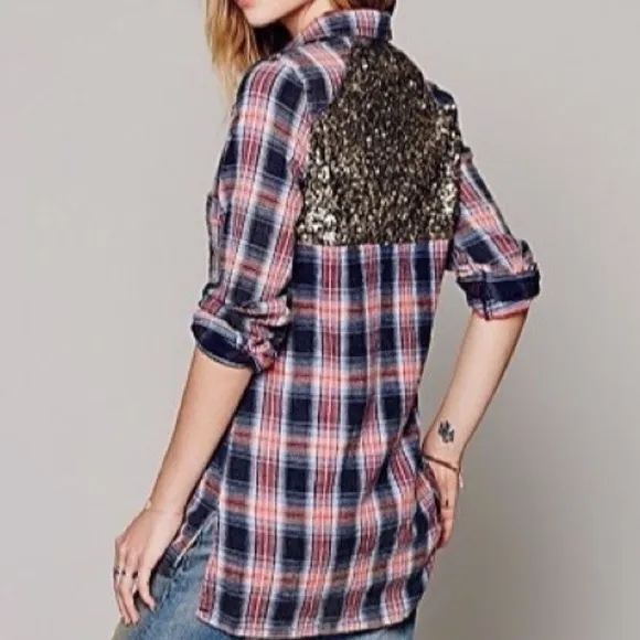 Free people little bit of sugar red plaid sequin flannel shirt - Image 3