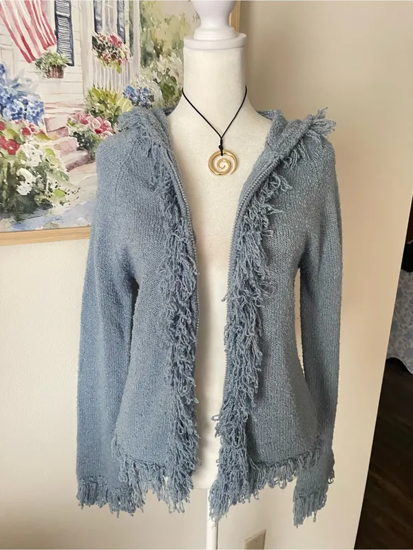 Takeout Y2K Vintage Fringed Trim Cuff Penny Lane Hooded Knit Zip Up Sweatshirt - Image 2