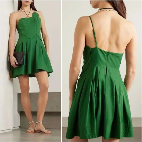 Farm Rio Lea Leaf Mini Dress One Shoulder Linen‎ Blend Green Small - Image 2