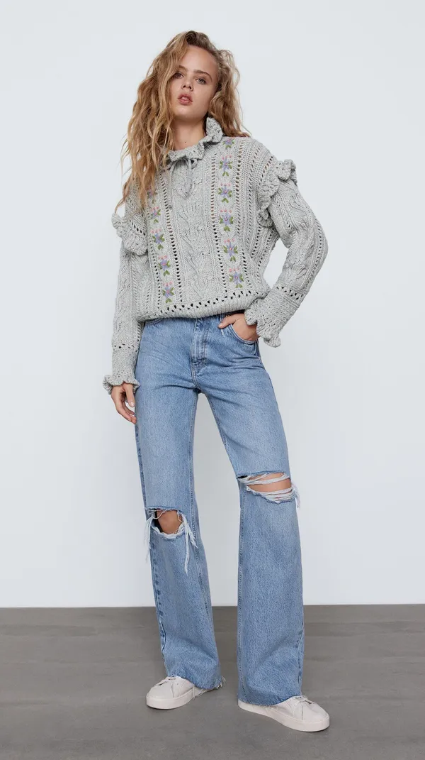 Gray Embroidered Oversized Sweater Top - Image 6