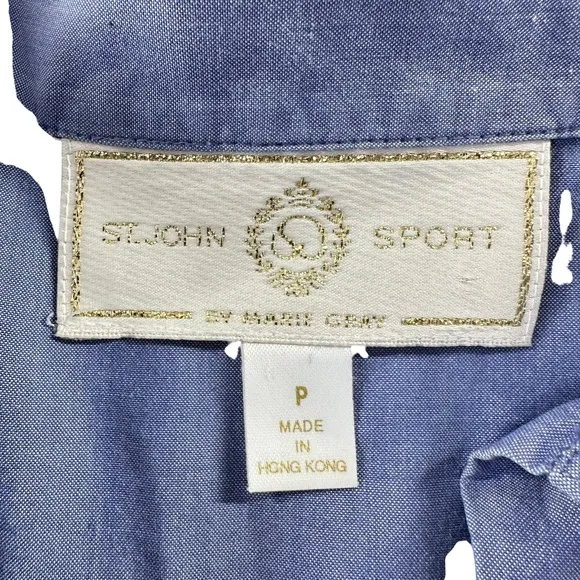 St. John Sport Marie Gray Blue Button Down‎ Shirt Womens Petite Long Sleeve Logo - Image 3