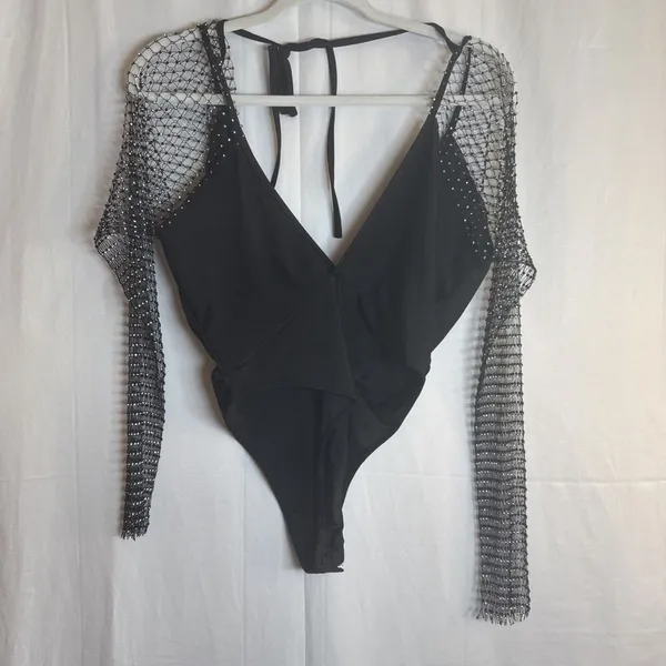 ENVME BLACK STRETCH RHINESTONE MESH BODYSUIT SNAP CROTCH Size Small NWT - Image 4