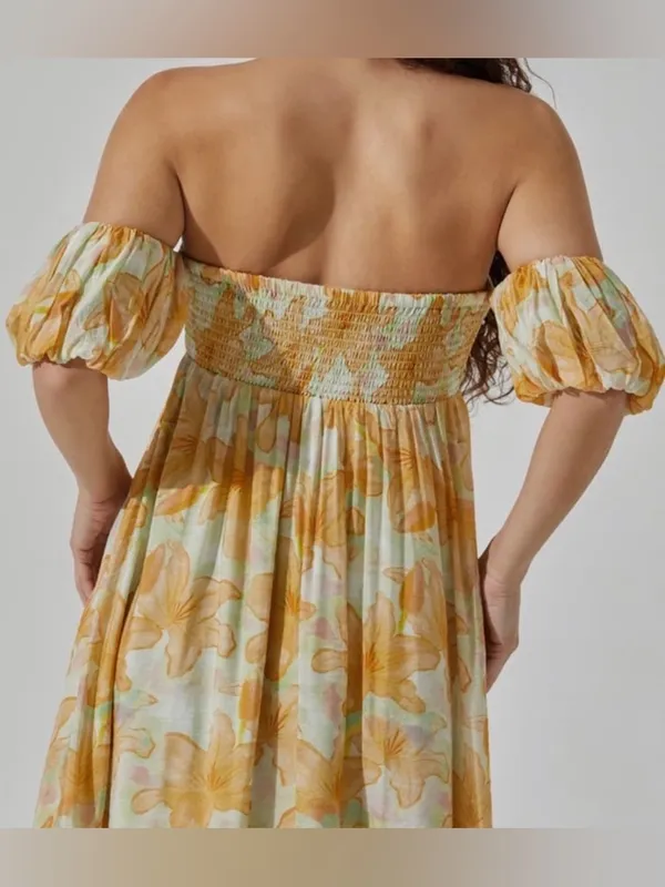 ASTR The Label Floral Off Shoulder Midi Dress Orange Yellow Size M Romantic🌼 - Image 5