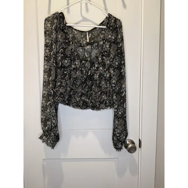 Free People Lolita Dark Gauzy Cropped Peasant Blouse Square Neck Long Sleeve L - Image 2