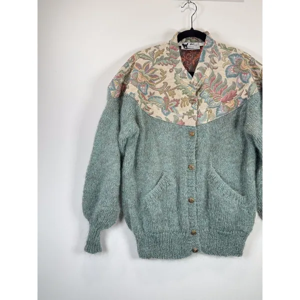 VINTAGE Woof Womens Cardigan Green Floral Folk Tapestry Wool Sweater 90s Large - Image 4