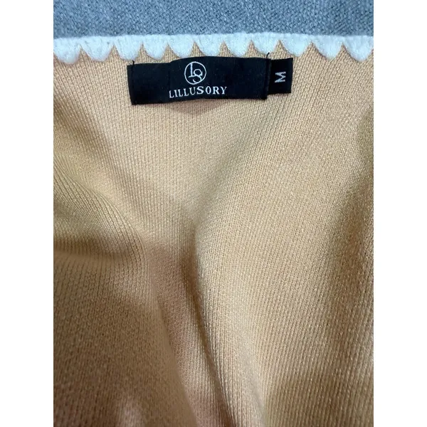 Camel Beige Collarless Knit Cardigan Jacket White Blanket Stitch Gold Buttons M - Image 5