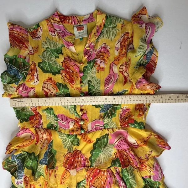 Farm Rio Yellow Beaks & Bananas Mini Dress Small Tropical Toucan Tiered Resort - Image 14
