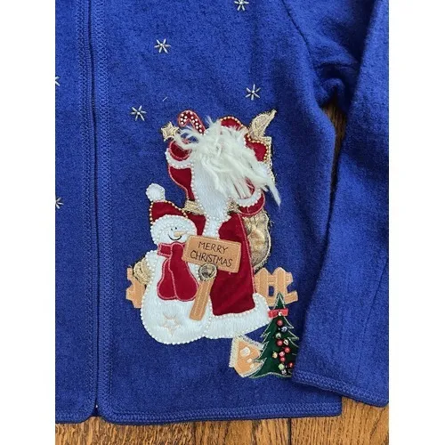 Lisa International Women's M Blue Boiled Wool Zip Jacket w/ Santa Ugly Sweater - Image 2