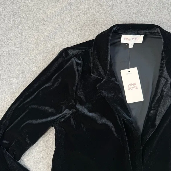 PINK ROSE Women's Large Black Velvet Open Front Blazer Jacket Cardigan New - Image 4
