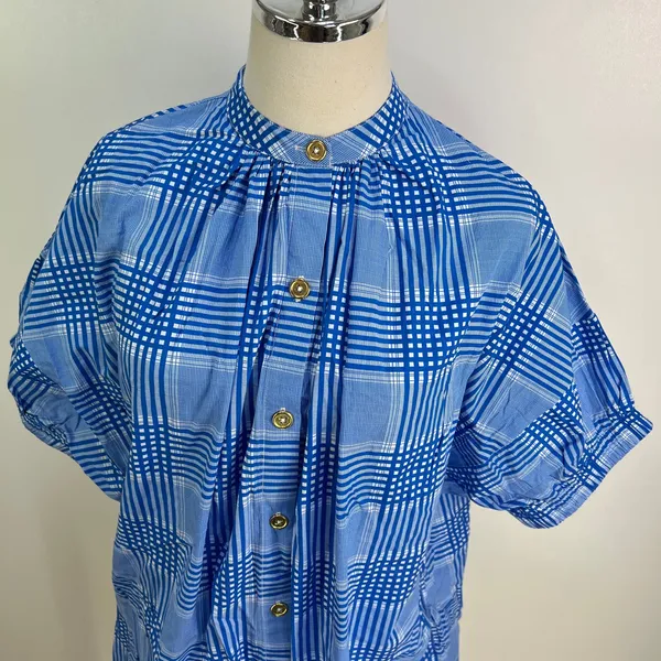 Never A Wallflower Elastic Sleeve Dress Blue Plaid Printed Cotton - Image 2