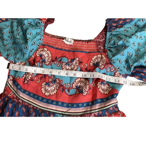 Merci Patchwork Square Neck Long Sleeve Mini Dress Blue Orange‎ M - Image 7