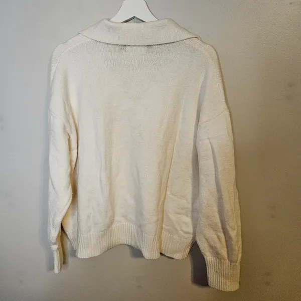 Old Navy Women's V-Neck Cream Polo Sweater Neutral Casual Collared Long Sleeve - Image 6